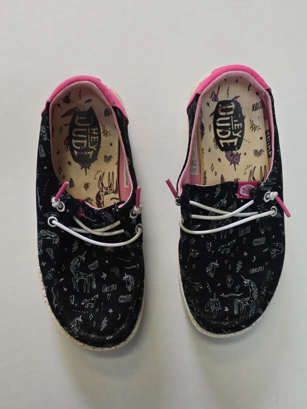 EUC Hey Dude Kids Black Sneakers with Pink Trim and Unicorn Print